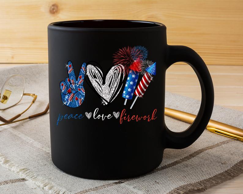 Peace Love Firework Art Printed Mug Hippie Coffee Mug Gift For Independence Day 11Oz 15Oz Ceramic Mug