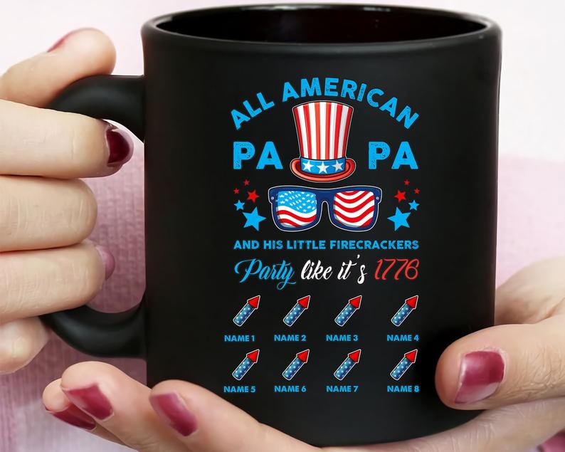 Personalized Coffee Mug For Grandpa All American Papa And His Little Firecrackers Mug Custom Grandkids Name 11Oz 15Oz Ceramic Mug