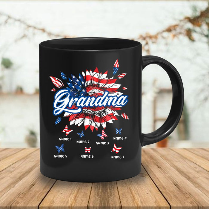 Personalized Coffee Mug For Grandma Sunflower US Flag Art Printed Mug Custom Grandkids Name 11Oz 15Oz Ceramic Mug