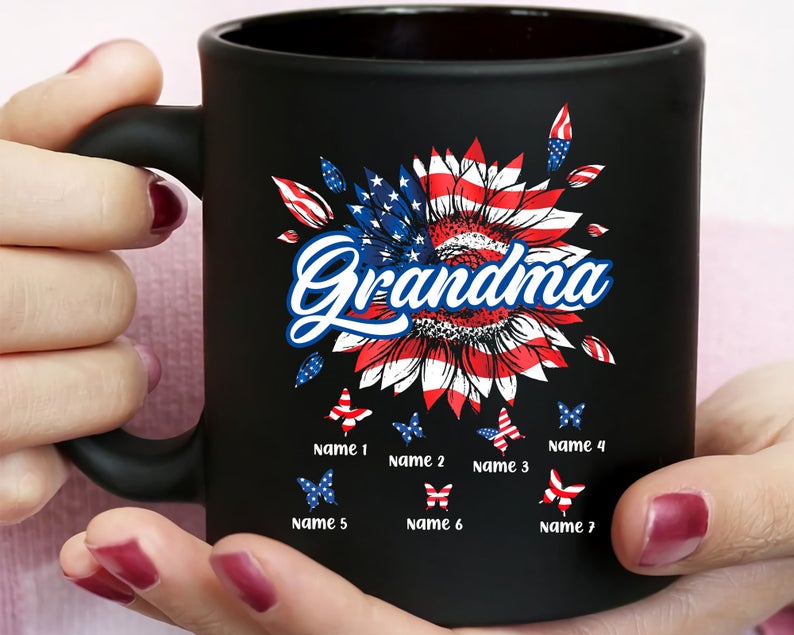 Personalized Coffee Mug For Grandma Sunflower US Flag Art Printed Mug Custom Grandkids Name 11Oz 15Oz Ceramic Mug