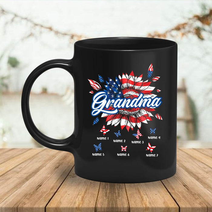 Personalized Coffee Mug For Grandma Sunflower US Flag Art Printed Mug Custom Grandkids Name 11Oz 15Oz Ceramic Mug