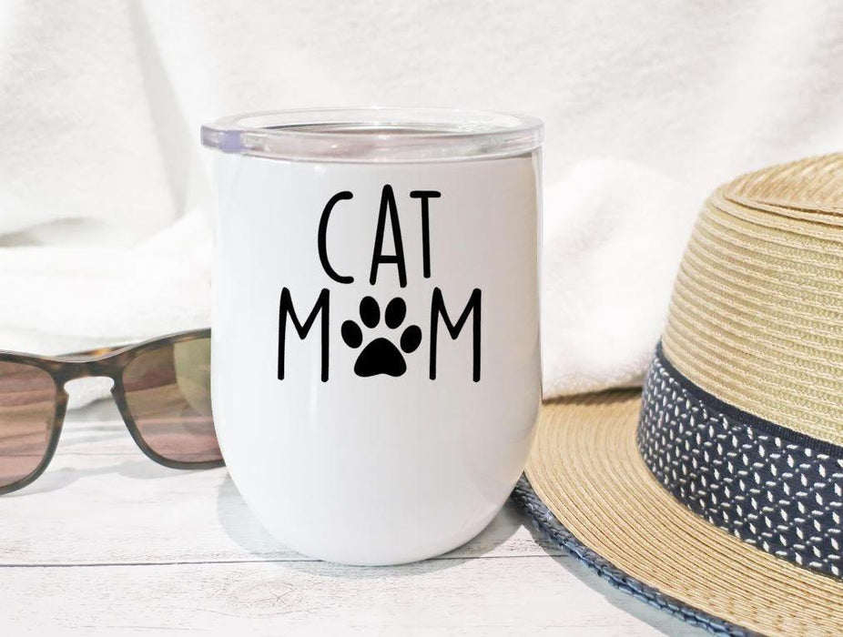 Cat Mom Wine Tumbler With Paw Printed 12oz Stainless Steel Tumbler For Cat Lovers