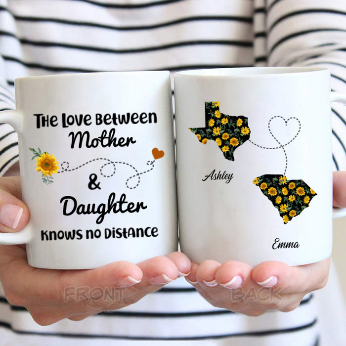 Personalized Coffee Mug For Mother The Love Knows No Distance Sunflower Custom Name White Cup Long Distance Gifts Ideas