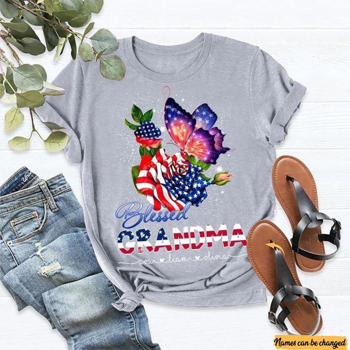 Personalized Tee Shirt For Grandmother Blessed Grandma Shirt Butterfly Flower American Flag