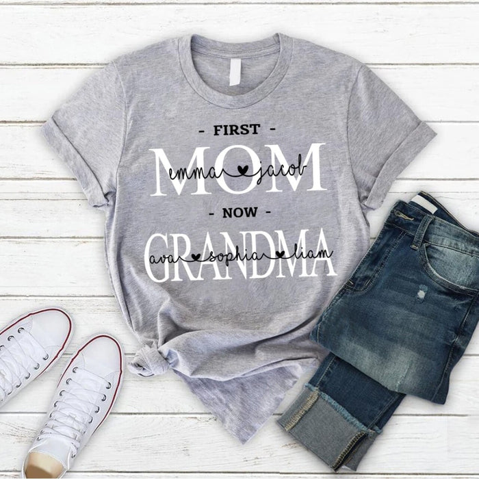 Personalized Tee Shirt For Mother First Mom Now Grandma With Kids And Grandkids Meaningful Shirts
