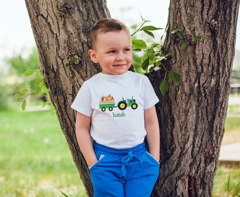 Personalized T-Shirt For Kids Back To School Custom Name Shirts Tractor and Pumpkin Top Preschool Shirt