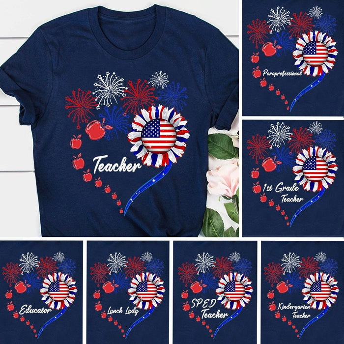 Personalized American Sunflower Shirt for Teacher 4th Of July Funny Firework Patriotic Shirt for Educator
