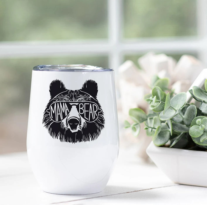 Wine Tumbler For Mom Mama Bear Tumbler Cool Bear With Glasses Printed 12oz White Tumbler