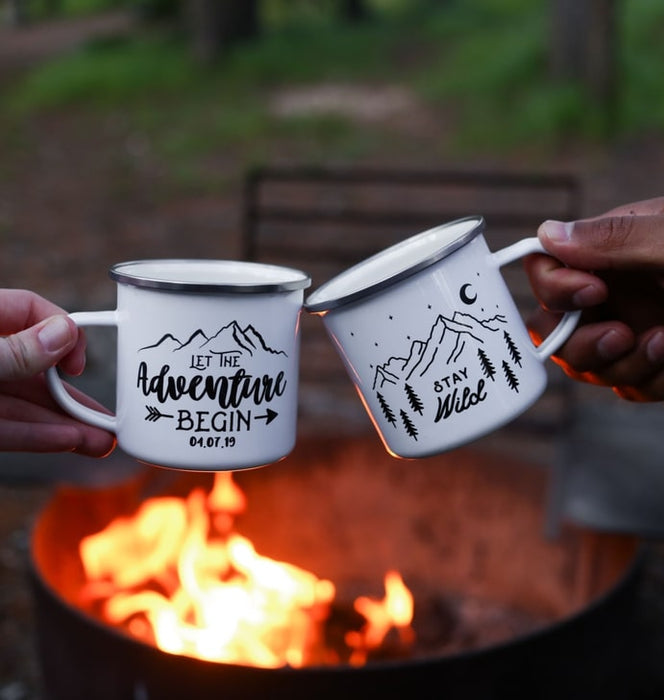 Personalized Camping Mug Let The Adventure Begin Stay Wild Custom Day Mountain Printed 12 oz Enamel Coffee Mug