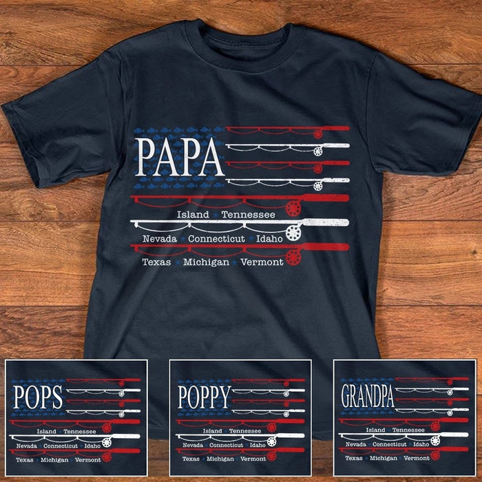 Personalized Shirt For Grandpa Flag Print Fishing Shirt For Papa With Grandkid's Name