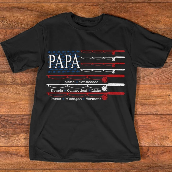 Personalized Shirt For Grandpa Flag Print Fishing Shirt For Papa With Grandkid's Name