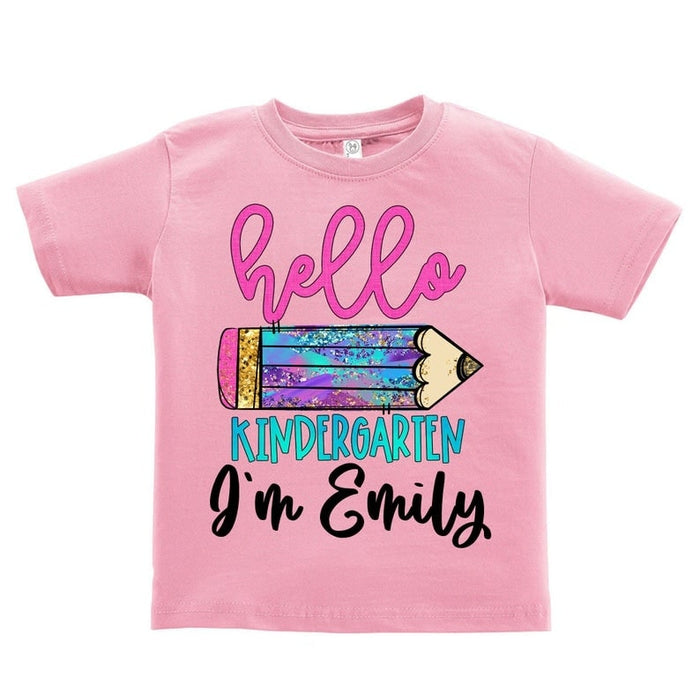Personalized T-Shirt For Kids Hello Kindergarten Pencil Printed Custom Name And Grade Level Back To School Shirt