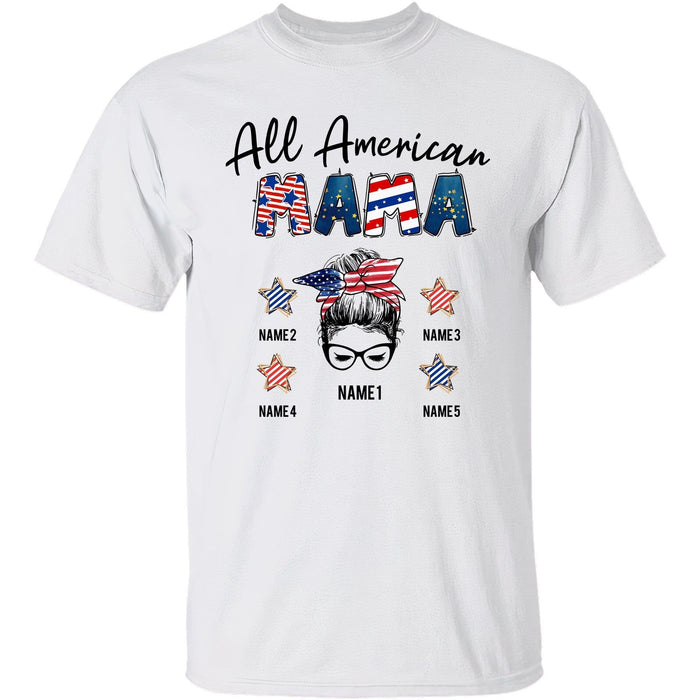 Personalized Tee Shirt For Grandma All American Mama Shirt Messy Bun Nana American Flag