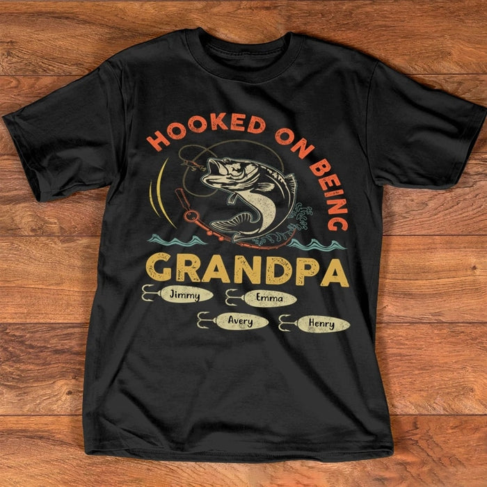 Personalized Shirt For Grandpa Hooked On Being Grandpa Customized Grandkids's Name Shirt