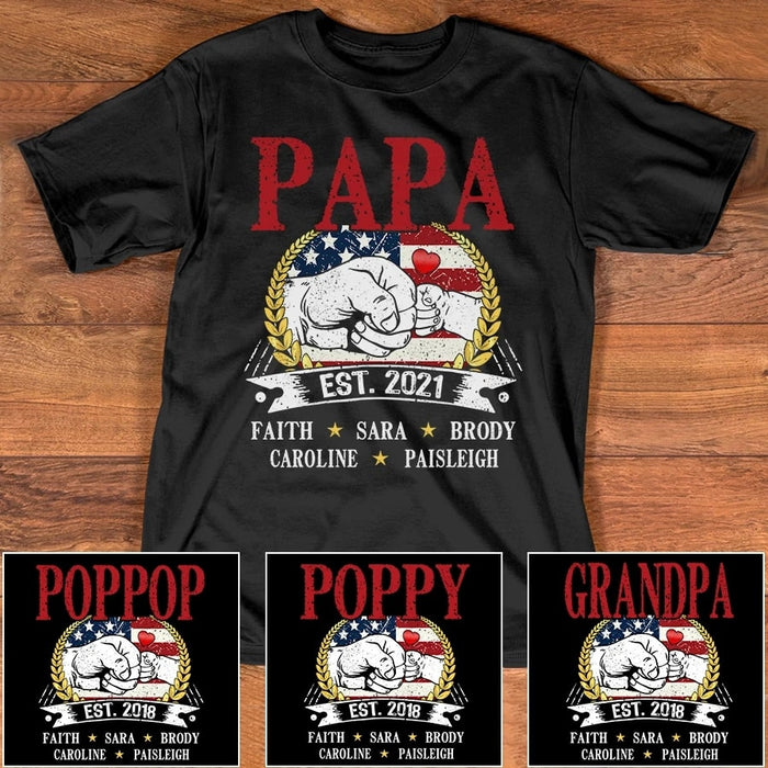 Personalized Shirt For Grandpa Papa Est 2021 With Kids Name American Flag Shirt For Papa