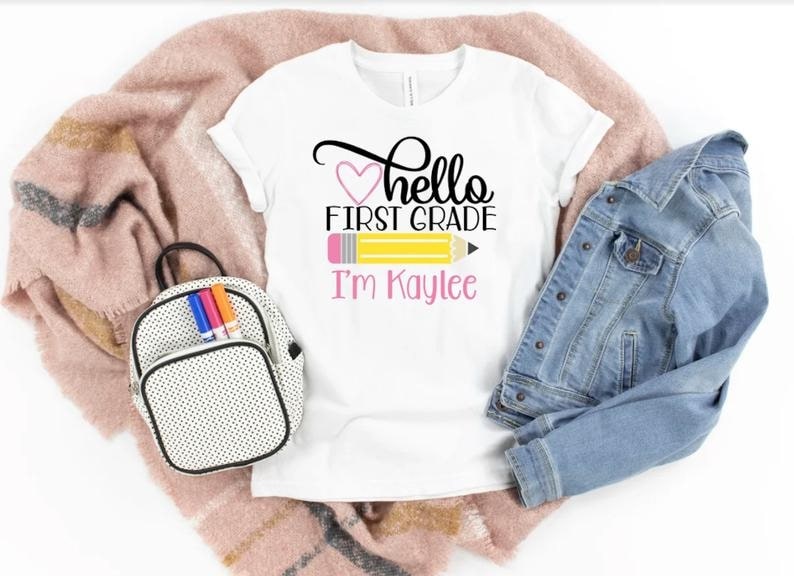 Personalized T-Shirt For Kids Back To School Hello First Grade Pencil Shirt Custom Grade Level And Name
