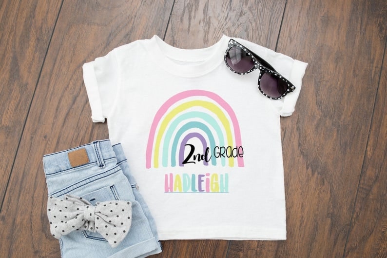 Personalized T-Shirt For Kids Rainbow Printed Custom Name & Grade Level Back To School Shirt