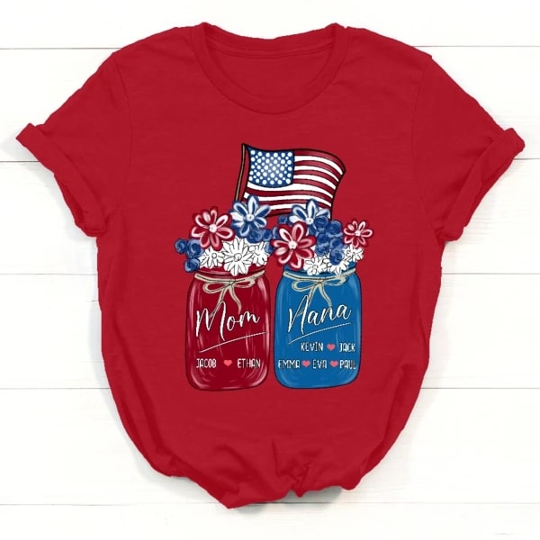 Personalized T-Shirt For Mom And Grandma Flower Art Mom And Nana Flag Shirt Custom Kids name