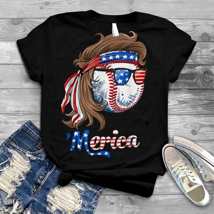 Cute Baseball Mullet Independence American Flag Merica Shirt For Men Sports Lovers