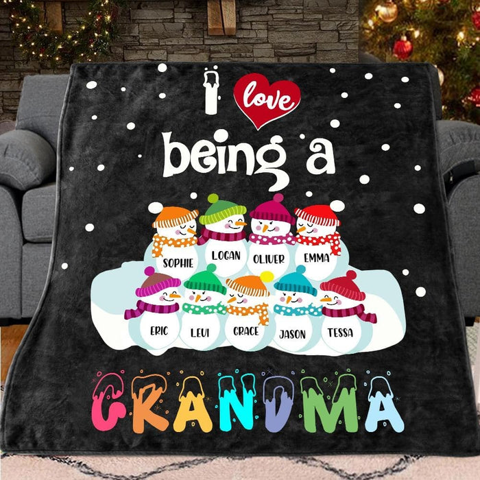 Personalized Fleece Blanket Love Being A Grandma Custom Grandkids Name Cute Snowmen Blanket For Women