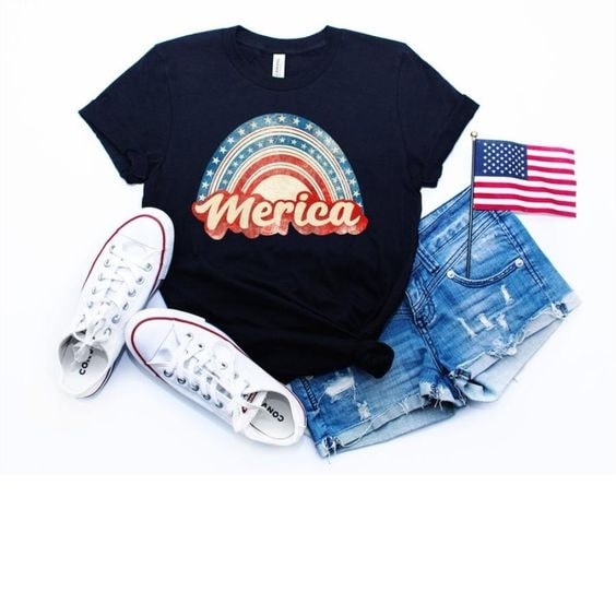 Classic T Shirt Rainbow Merica American Flag Shirt For Independence Day