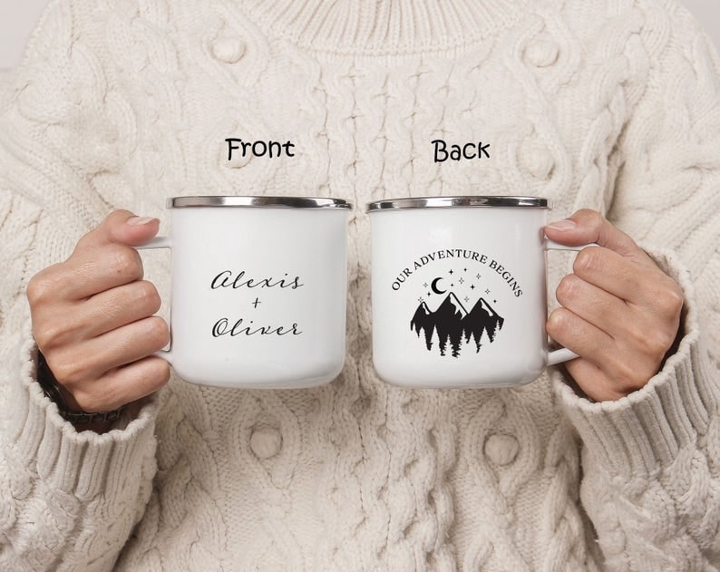 Personalized Engagement Camp Mug 12oz For Wife Husband Our Adventure Begins Coffee Travel Cup