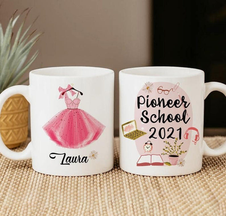 Personalized Coffee Mug For Girl Pioneer School 2021 Custom Name Pink Dress Printed Mug Back To School 11oz 15oz Mug