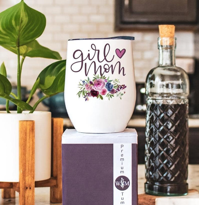 Wine Tumbler Girl Mom Floral Tumbler 12oz Stainless Steel Tumbler With Lid Gift For New Mom