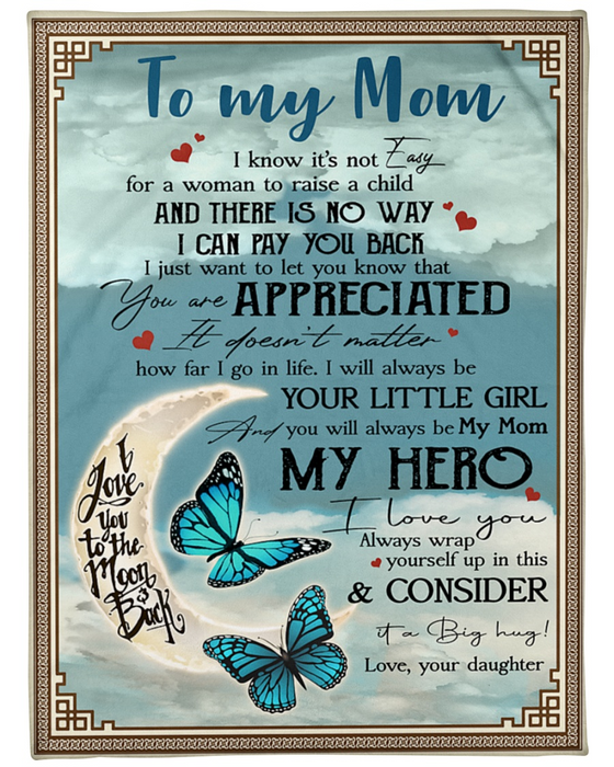 Personalized Fleece Blanket To Girl Mom Print Butterfly Moon Customized Blanket Gifts for Birthday Mother Day Thanksgiving