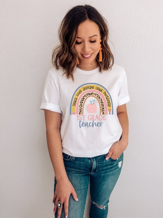 Personalized T-Shirt For Teacher Teach Love Inspire Motivate Back To School Shirt Rainbow Printed Custom Grade Level
