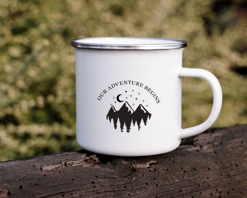 Personalized Engagement Camp Mug 12oz For Wife Husband Our Adventure Begins Coffee Travel Cup