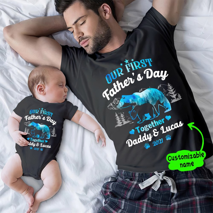 Personalized Daddy Son Matching Shirts Our First Fathers Day Together Onesie for Baby Custom Name Dad And Son And Year
