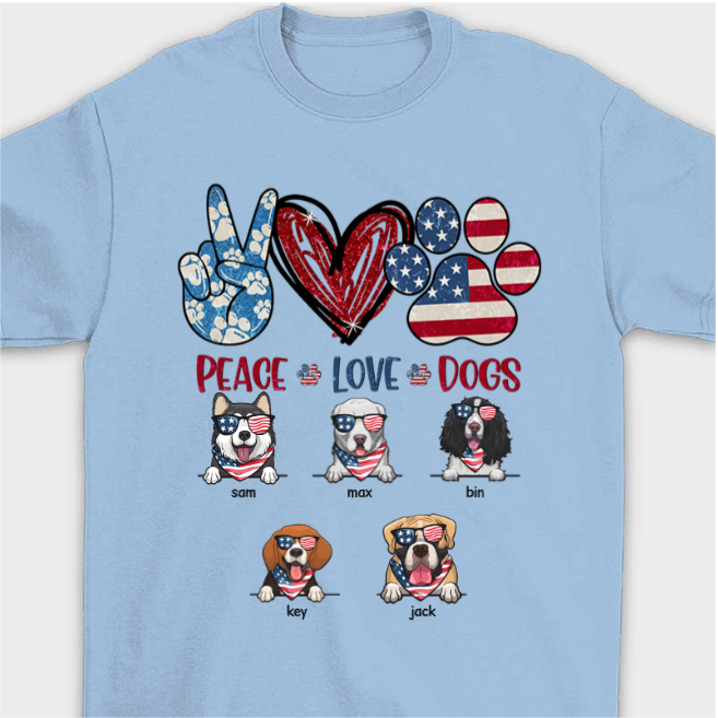 Personalized T-Shirt For Independence Day Peace Love Dogs Shirt Cute Puppy With Heart Paw Shirt US Flag Shirt