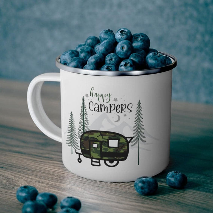Camping Mug For Camping Lovers Happy Campers Camo Design With Motorhome Moutain Printed 12oz Enamel Mug