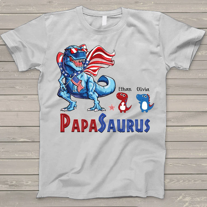 Personalized Tee Shirt For PapaSaurus Independence Day T-Shirt Custom Kids Name