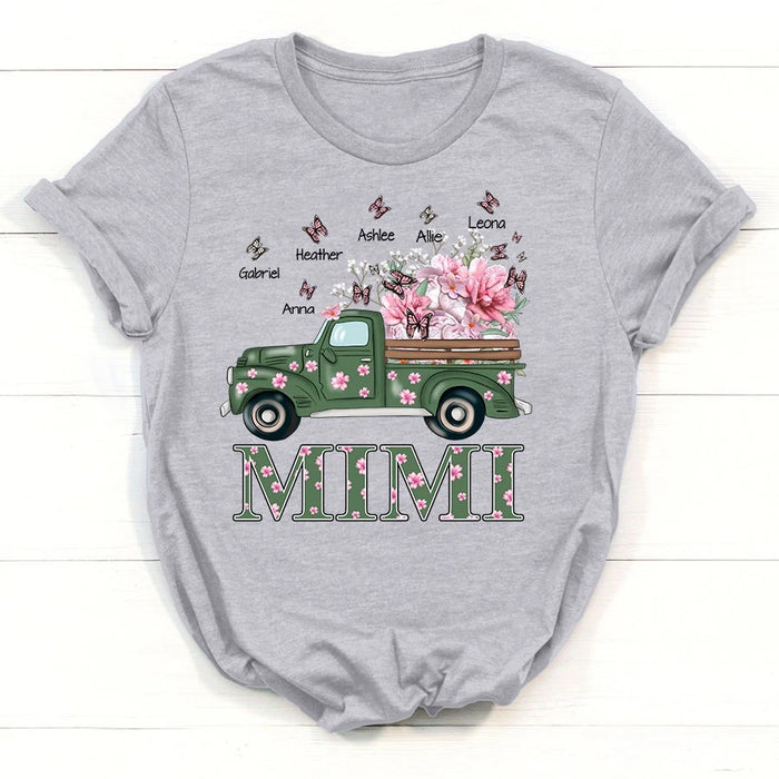 Personalized T-Shirt For Grandma Mimi Floral Truck Art Printed Shirt Custom Grandkids Name