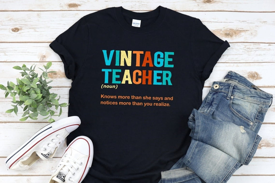 Teacher Unisex Vintage Teacher Shirt Know More Than She Says And Notices Shirts
