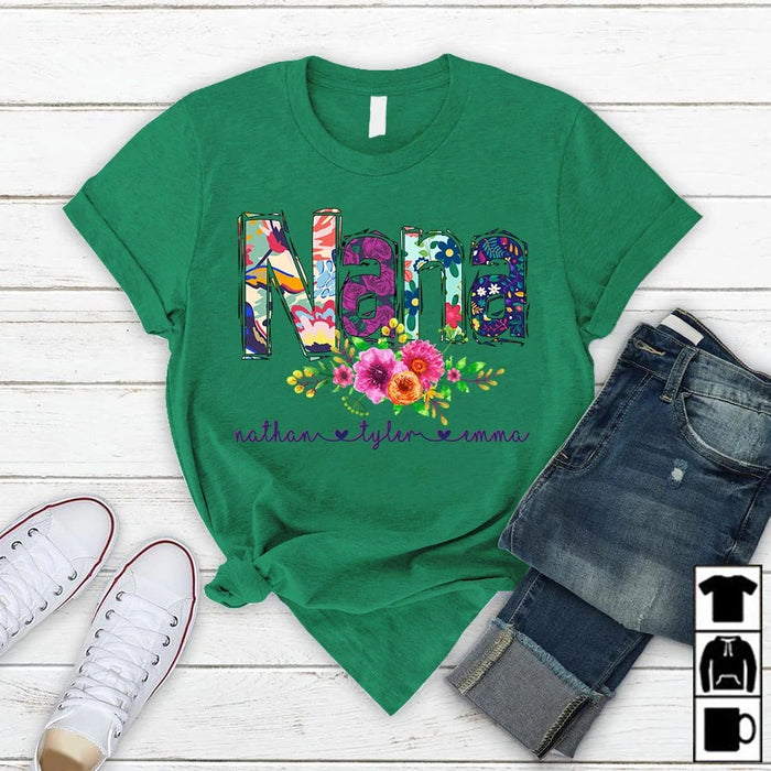 Personalized Tee Shirt For Grandma Nana Flower Art Print Shirt Custom Grandkids Name