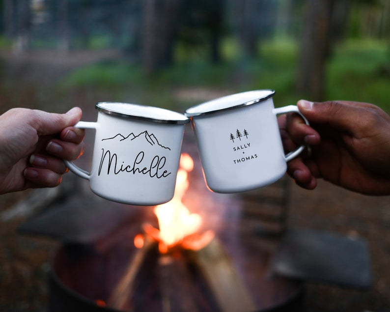 Personalized Name Campfire Mug 12oz for Men Women Funny Camper Gifts for Picnic Travel Anniversary Enamel Cup