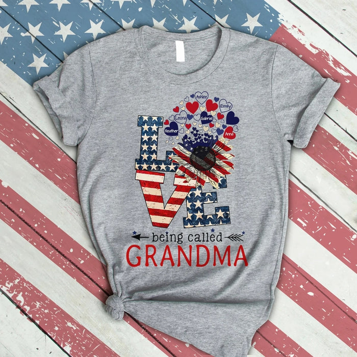 Personalized T-Shirt For Grandma Love Being Called Grandma Shirt Sunflower US Flag Art Printed Custom Grandkids Name