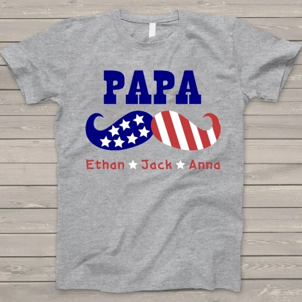 Personalized T-Shirt For Grandpa Papa Mustache American Shirt Custom Kids Name Shirt For 4th Of July