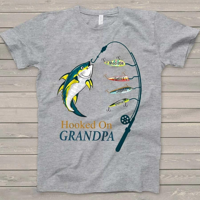 Personalized Shirt For Grandpa Hooked On Grandpa Shirt With Grandkid's Name Fishing Dad Shirt