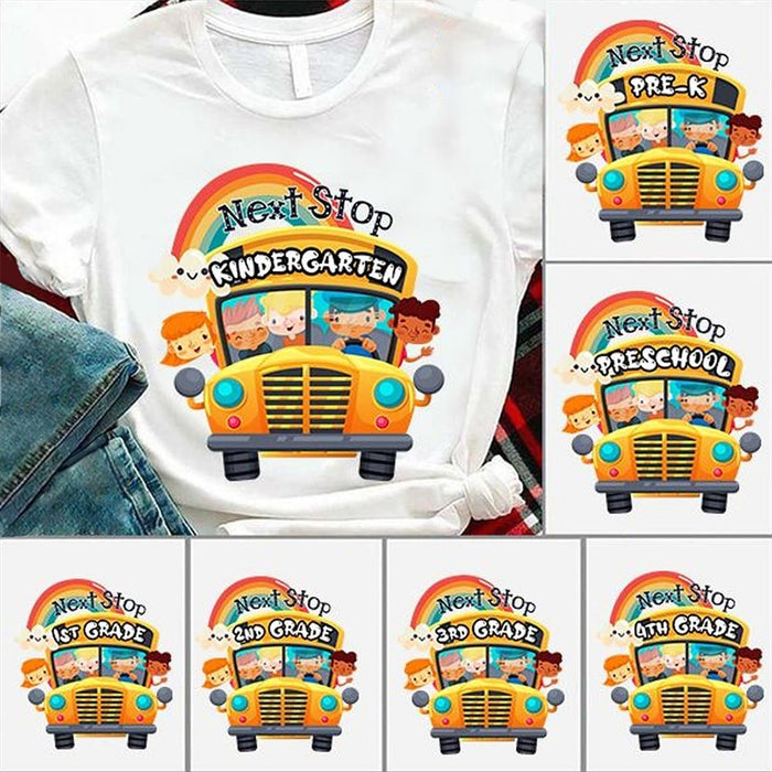 Personalized T-Shirt For Kids Next Stop Kindergarten Back To School Outfit School Bus Shirt Rainbow Printed Custom Level