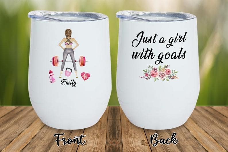 Personalized Wine Tumbler For Gymer Just A Girl With Goals Custom Name 12oz Stainless Steel Floral Tumbler With Lid
