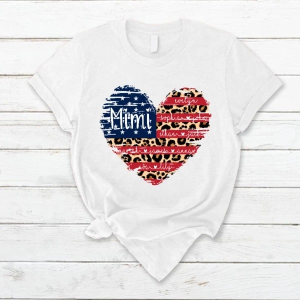 Personalized T-Shirt For Grandma Mimi Shirt Heart US Flag Art Printed Custom Grandkids Name Shirt For Fourth Of July