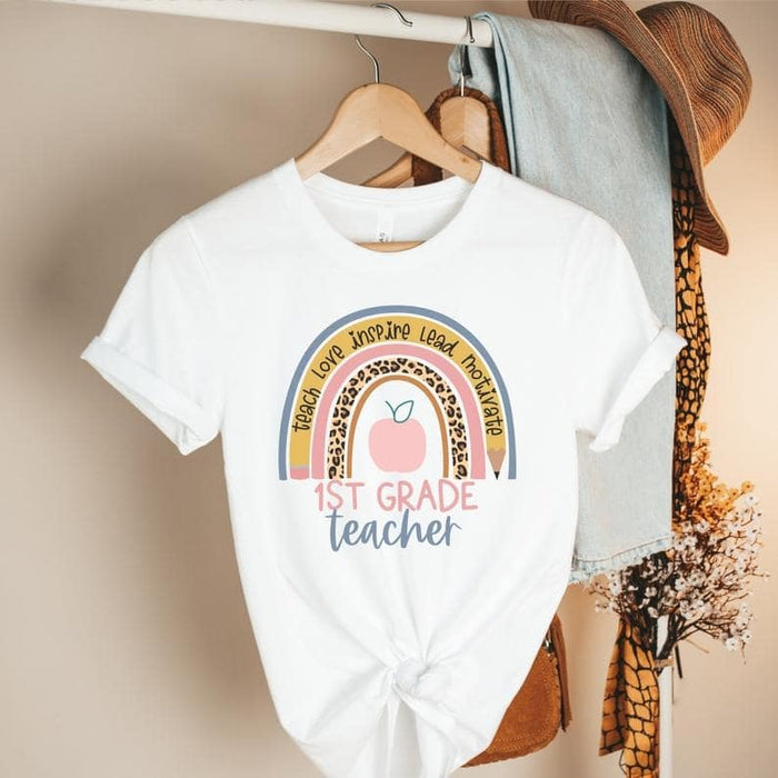 Personalized T-Shirt For Teacher Teach Love Inspire Motivate Back To School Shirt Rainbow Printed Custom Grade Level