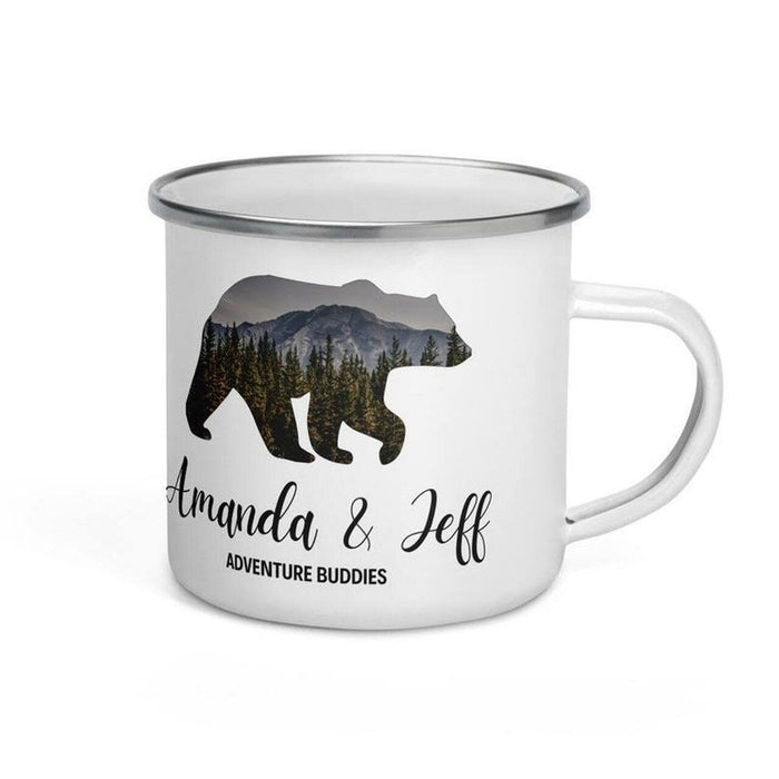 Personalized Camping Mug For Couple Adventure Buddies Bear Moutain Art Printed Custom Names 12oz Coffee Mug