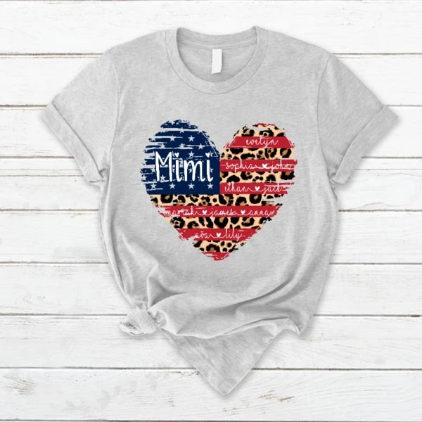 Personalized T-Shirt For Grandma Mimi Shirt Heart US Flag Art Printed Custom Grandkids Name Shirt For Fourth Of July
