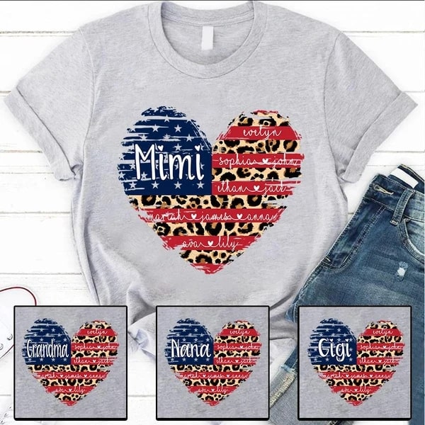 Personalized T-Shirt For Grandma Mimi Shirt Heart US Flag Art Printed Custom Grandkids Name Shirt For Fourth Of July