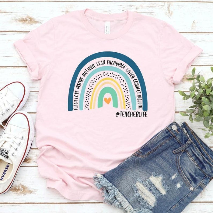 Personalized T-Shirt For Teacher Teach Love Inspire With Hashtag Teacher Life Back To School Shirt Rainbow Printed